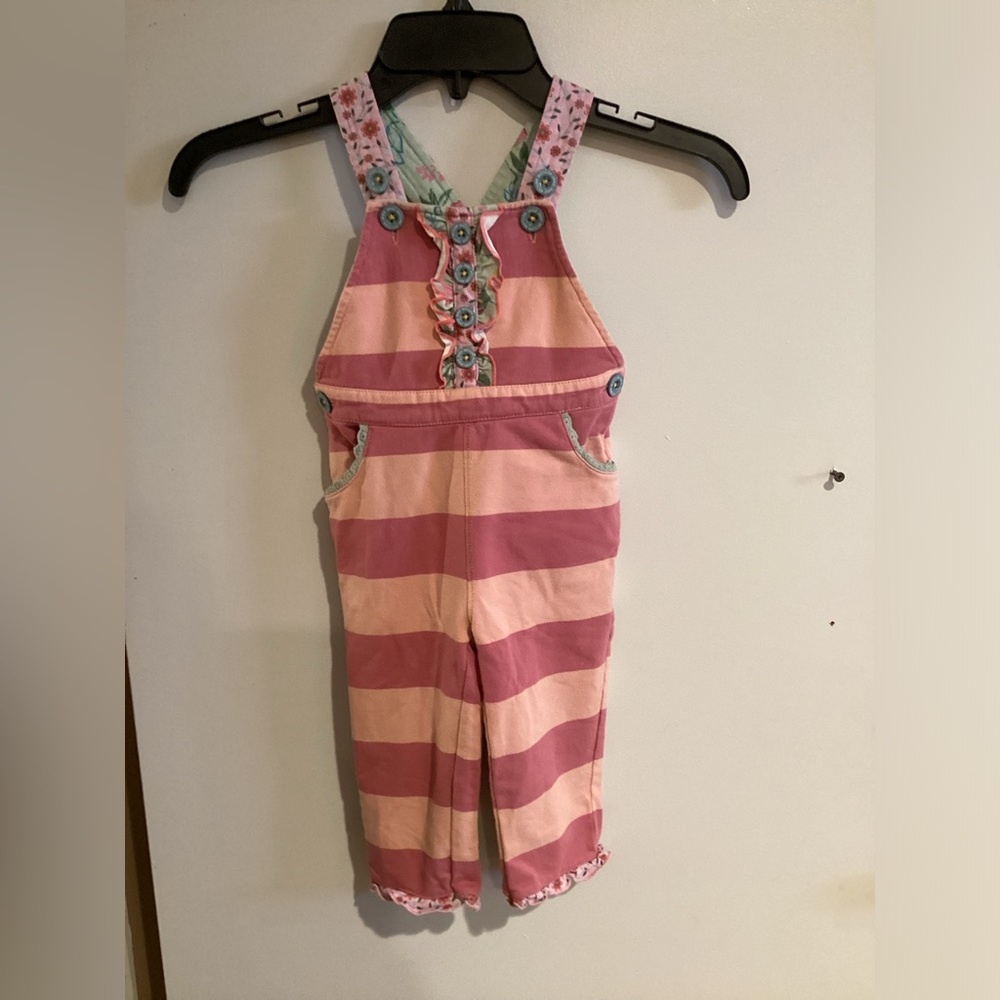 Matilda Jane World Travelers Pink Striped Floral Ruffle Overalls 12/18M